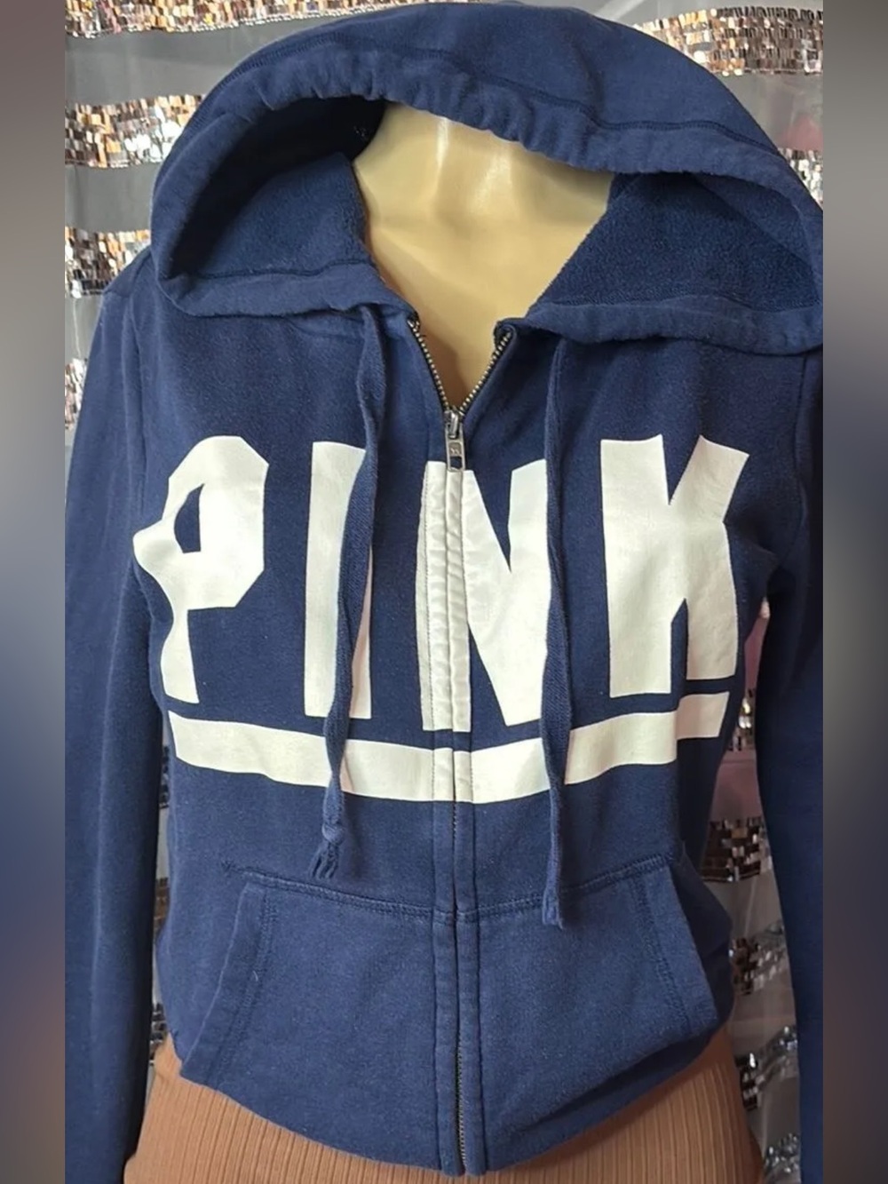 PINK Victoria's Secret Navy Blue Zip Hoodie with White Logo